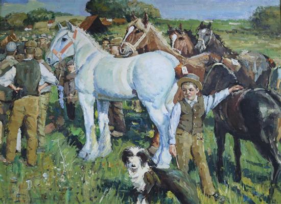 After Munnings, oil on canvas, Horse fair, 70 x 101cm